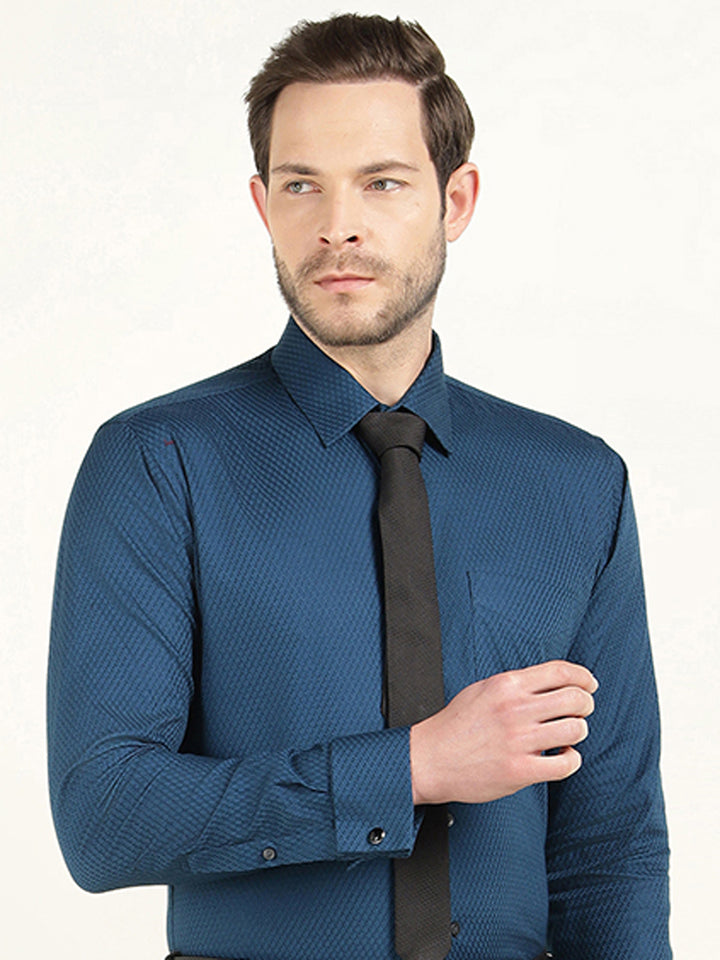 Hancock Men Blue Dobby French Cuff Pure Cotton Slim Fit Formal Shirt