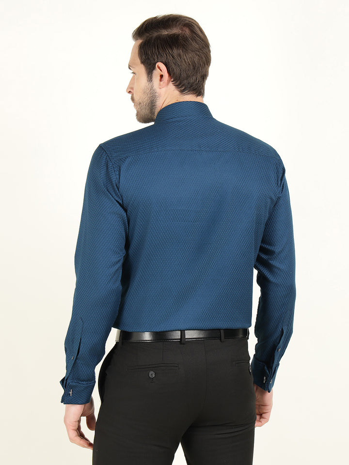 Hancock Men Blue Dobby French Cuff Pure Cotton Slim Fit Formal Shirt