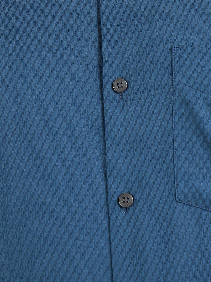 Hancock Men Blue Dobby French Cuff Pure Cotton Slim Fit Formal Shirt