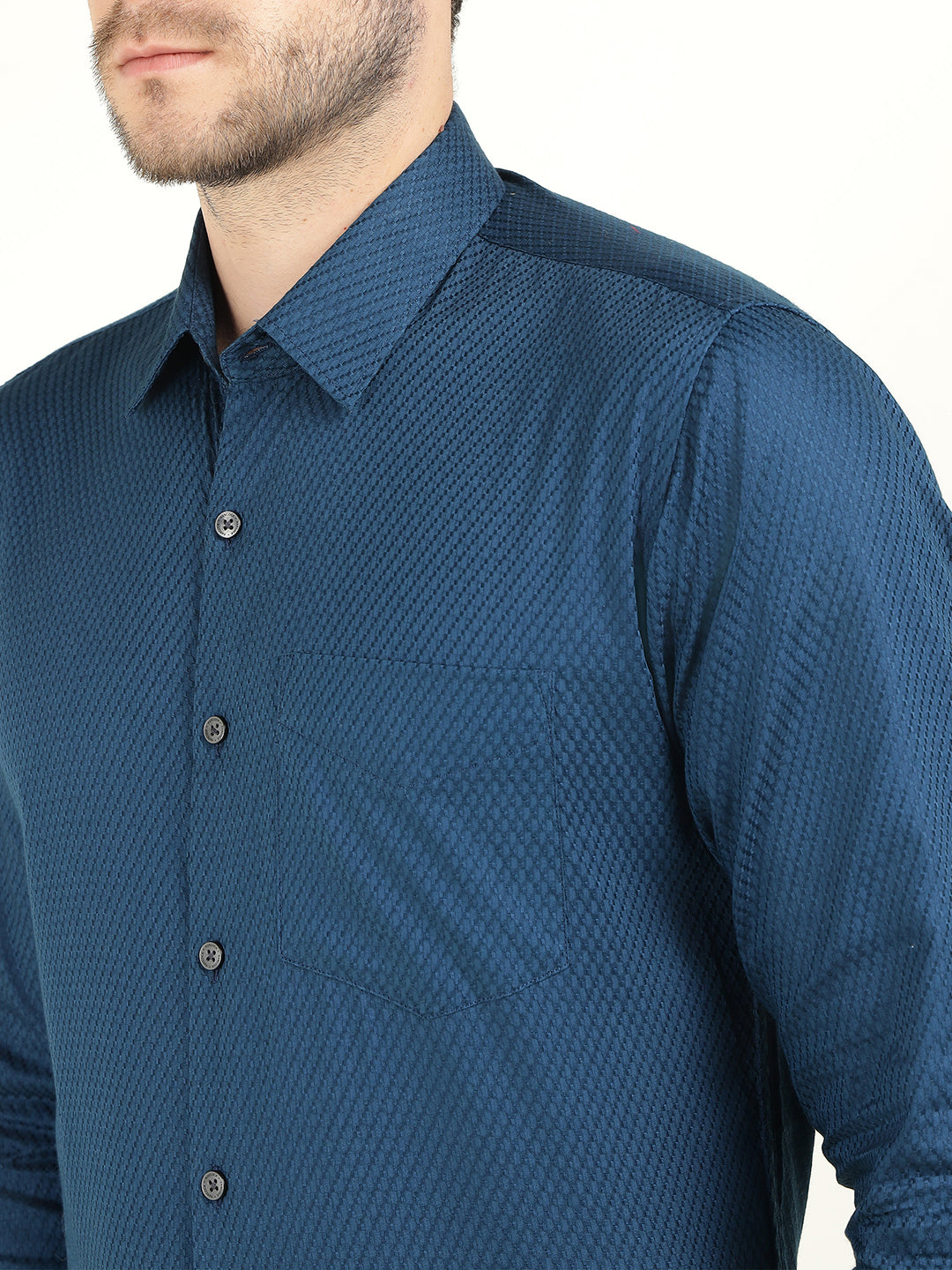 Hancock Men Blue Dobby French Cuff Pure Cotton Slim Fit Formal Shirt