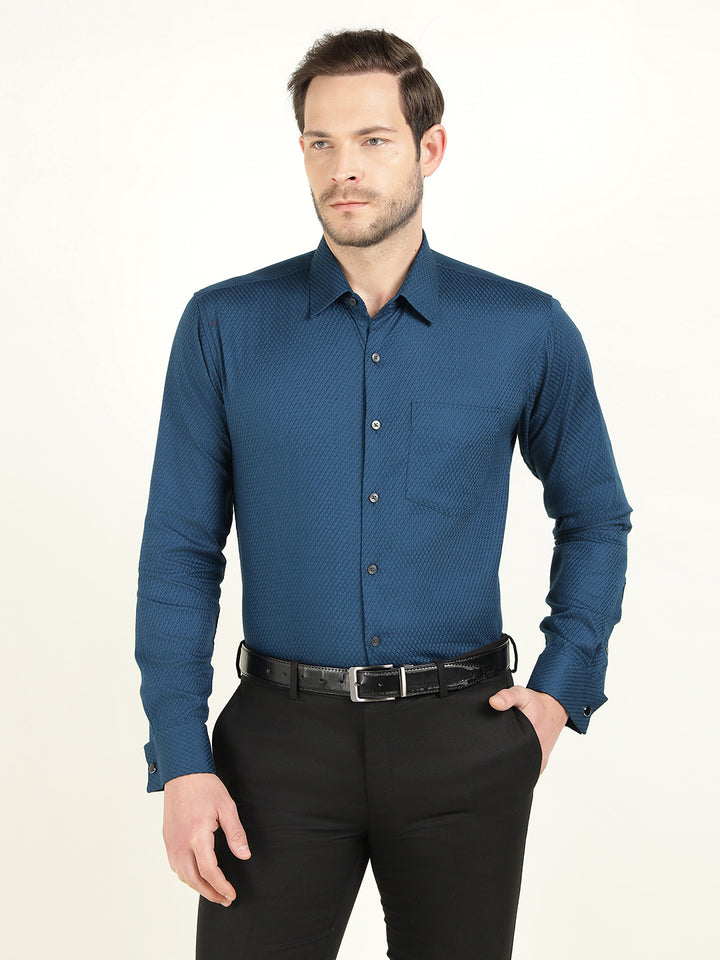 Hancock Men Blue Dobby French Cuff Pure Cotton Slim Fit Formal Shirt