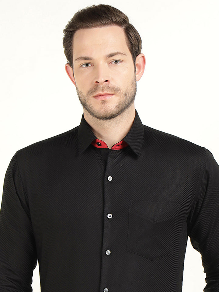 Hancock Men Black Solid Dobby Slim Fit Pure Cotton Party Shirt