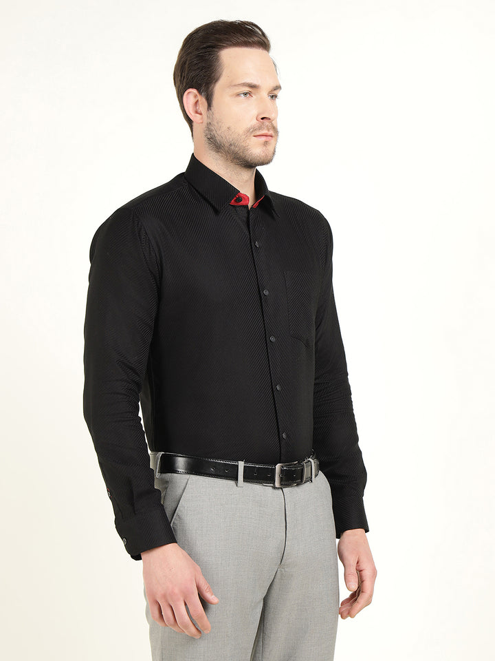 Hancock Men Black Solid Dobby Slim Fit Pure Cotton Party Shirt