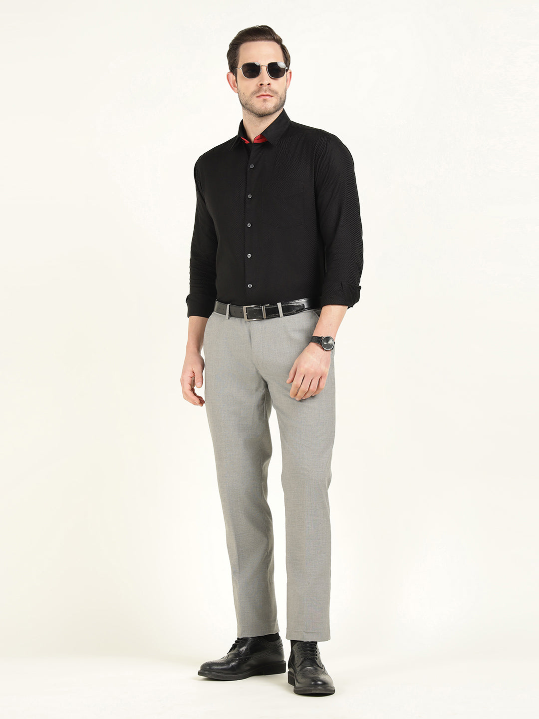 Hancock Men Black Solid Dobby Slim Fit Pure Cotton Party Shirt