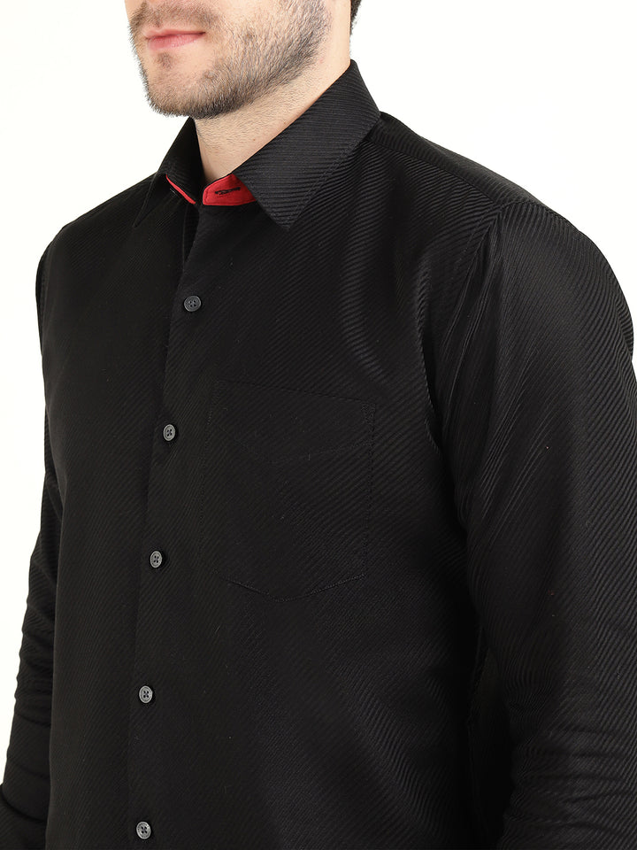 Hancock Men Black Solid Dobby Slim Fit Pure Cotton Party Shirt