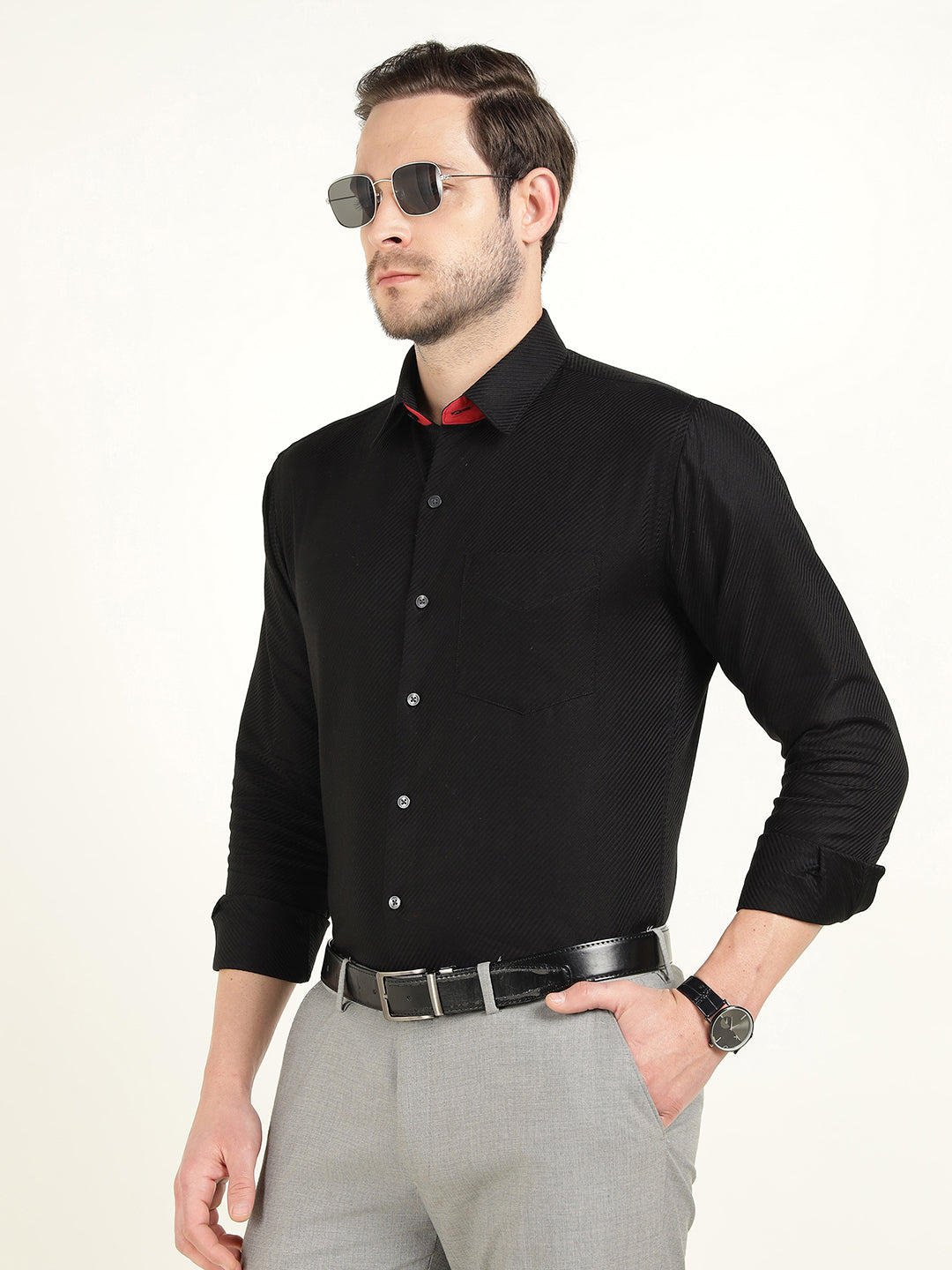 Hancock Men Black Solid Dobby Slim Fit Pure Cotton Party Shirt