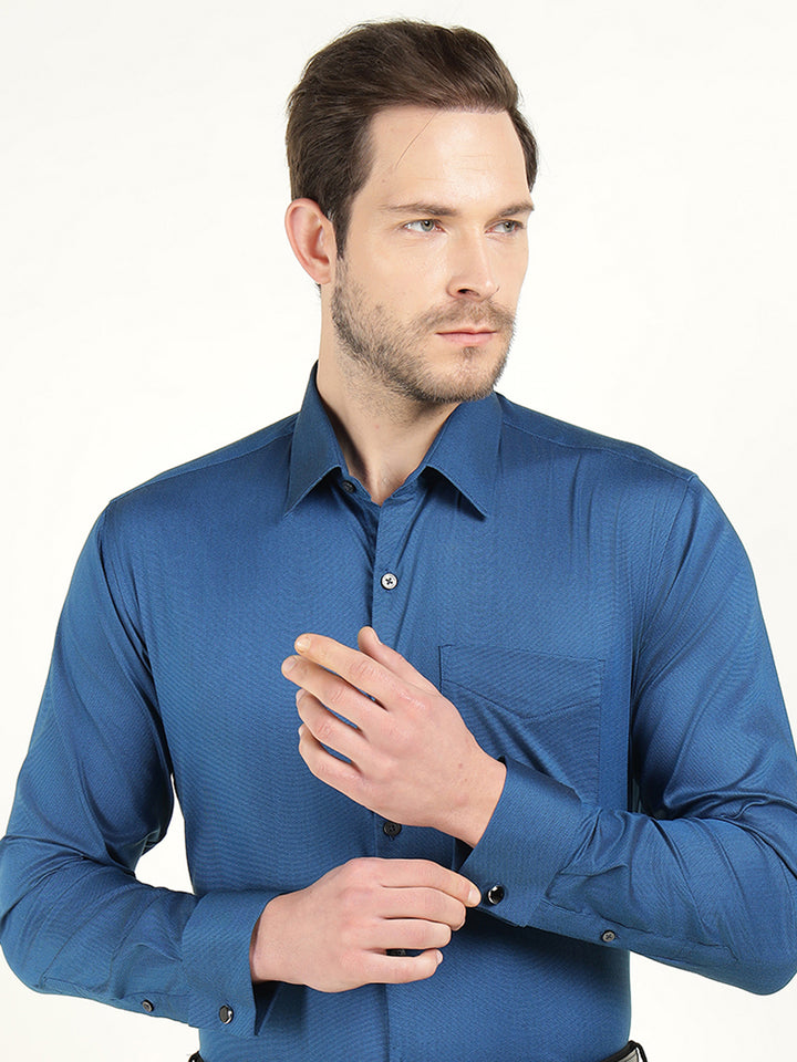 Hancock Men Blue Dobby French Cuff Cotton Stretch Slim Fit Formal Shirt