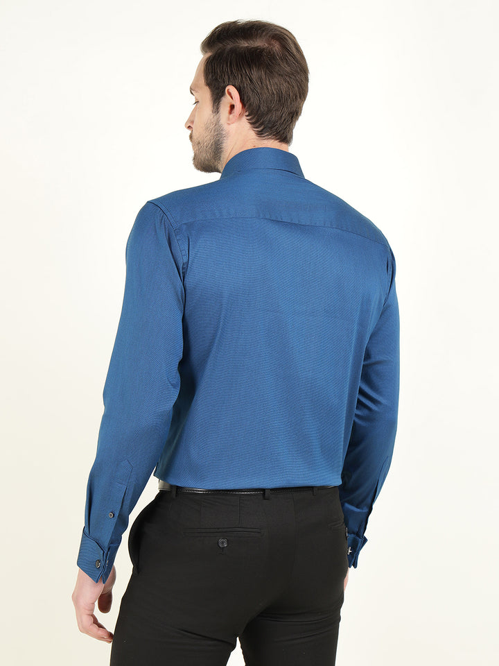 Hancock Men Blue Dobby French Cuff Cotton Stretch Slim Fit Formal Shirt