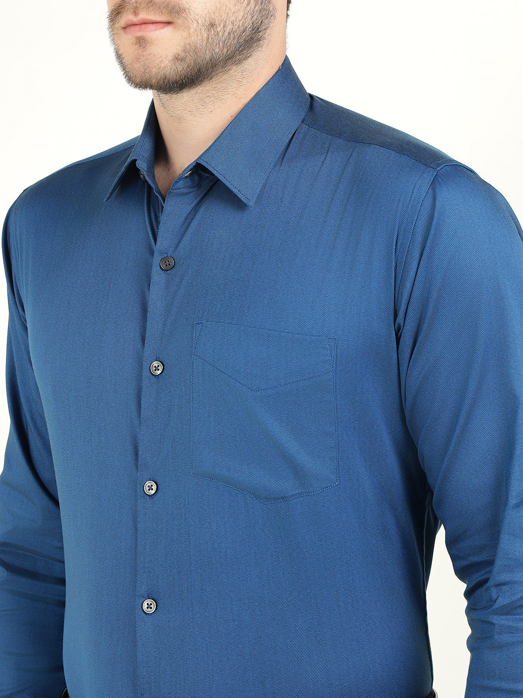 Hancock Men Blue Dobby French Cuff Cotton Stretch Slim Fit Formal Shirt