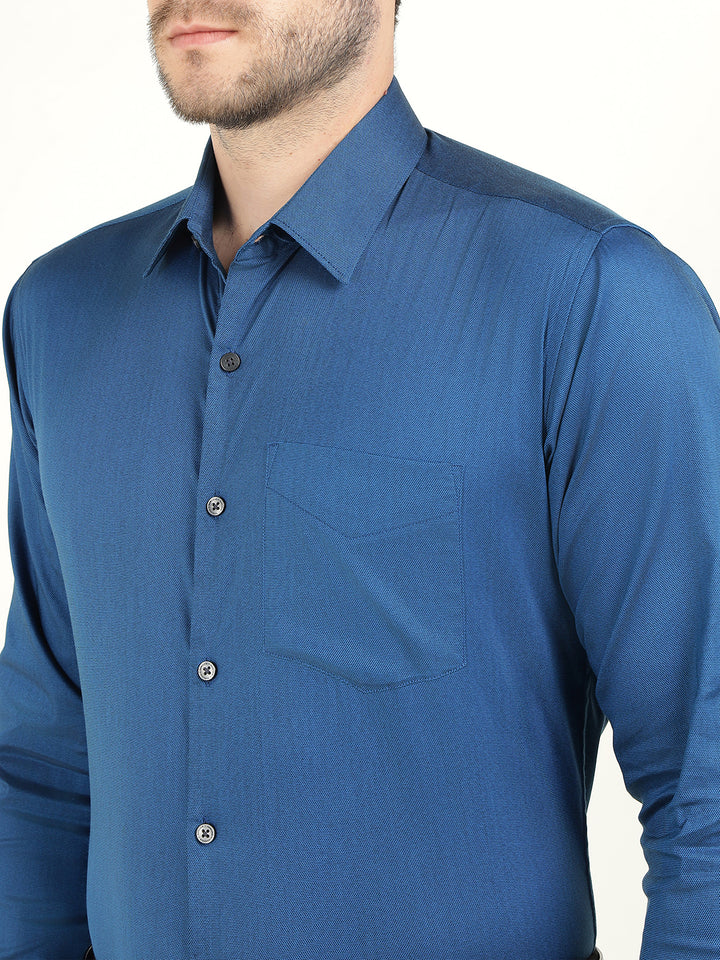 Hancock Men Blue Dobby French Cuff Cotton Stretch Slim Fit Formal Shirt