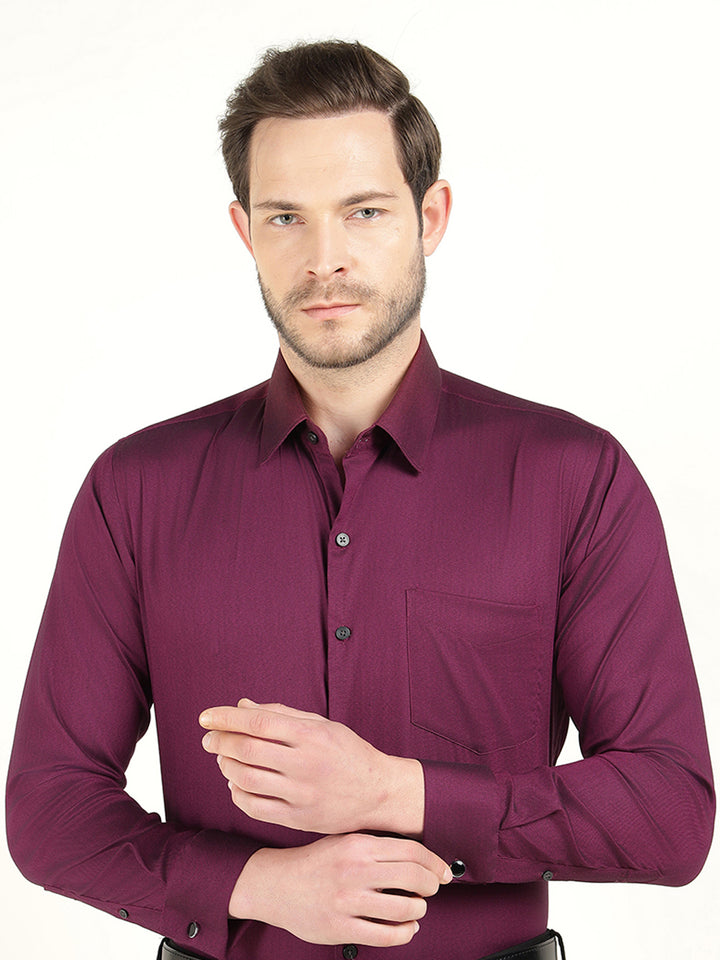 Hancock Men Burgundy Dobby French Cuff Cotton Stretch Slim Fit Formal Shirt