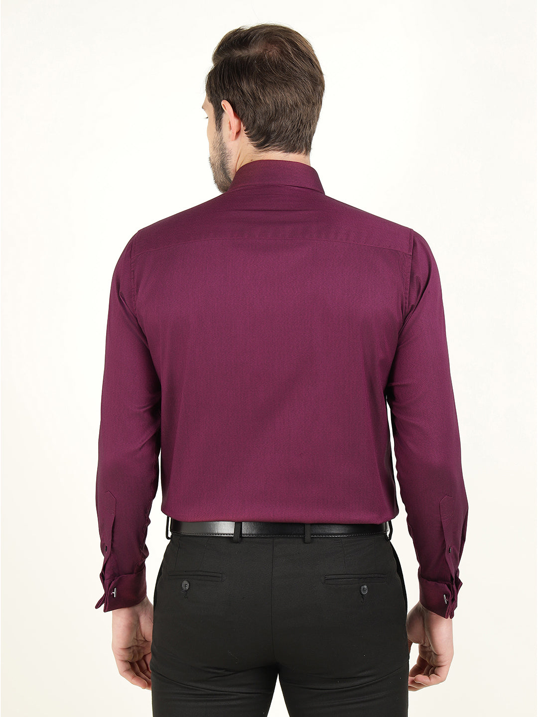 Hancock Men Burgundy Dobby French Cuff Cotton Stretch Slim Fit Formal Shirt