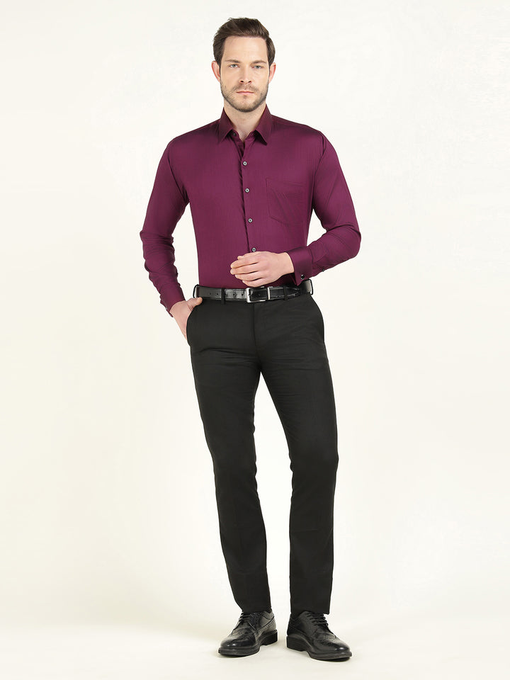 Hancock Men Burgundy Dobby French Cuff Cotton Stretch Slim Fit Formal Shirt