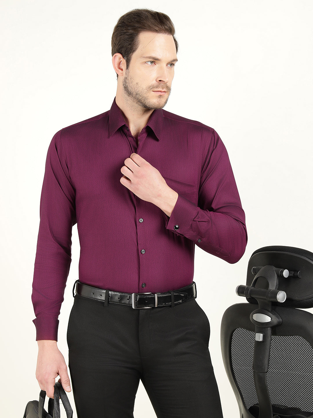 Hancock Men Burgundy Dobby French Cuff Cotton Stretch Slim Fit Formal Shirt