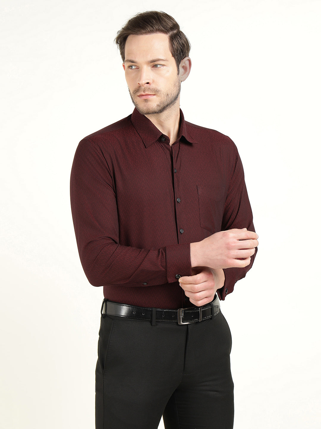 Hancock Men Maroon Dobby French Cuff Slim Fit Pure Cotton Formal Shirt