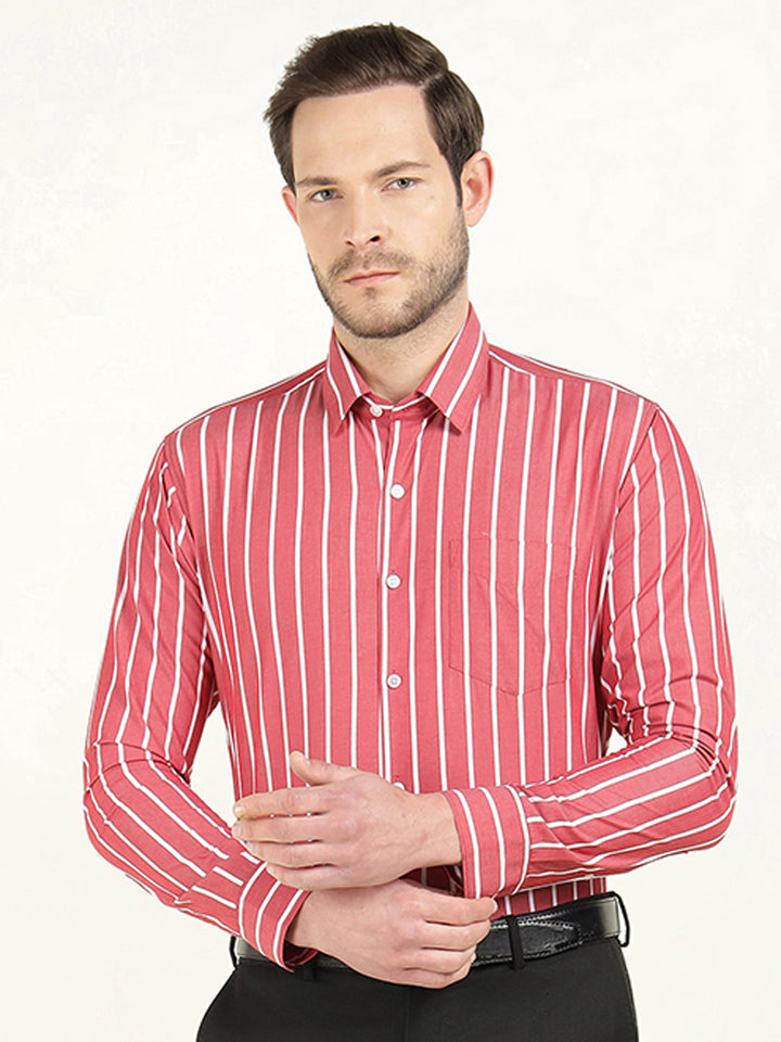 Hancock Men Red & White Striped Chambray Slim Fit Pure Cotton Formal Shirt