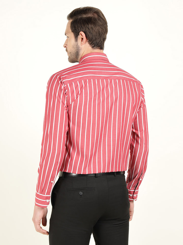 Hancock Men Red & White Striped Chambray Slim Fit Pure Cotton Formal Shirt