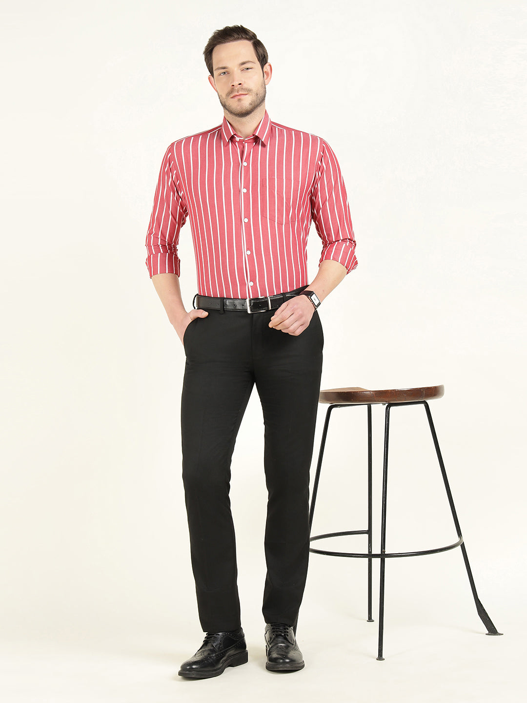 Hancock Men Red & White Striped Chambray Slim Fit Pure Cotton Formal Shirt