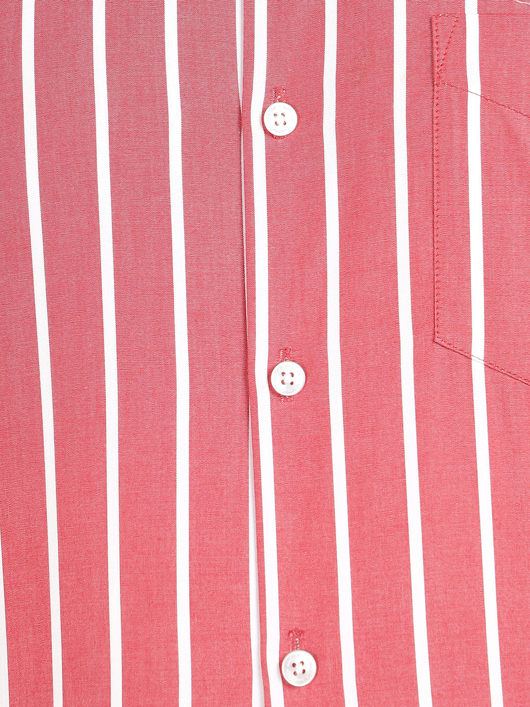 Hancock Men Red & White Striped Chambray Slim Fit Pure Cotton Formal Shirt