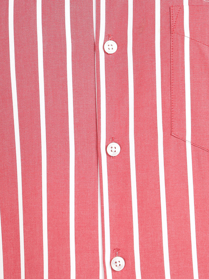 Hancock Men Red & White Striped Chambray Slim Fit Pure Cotton Formal Shirt