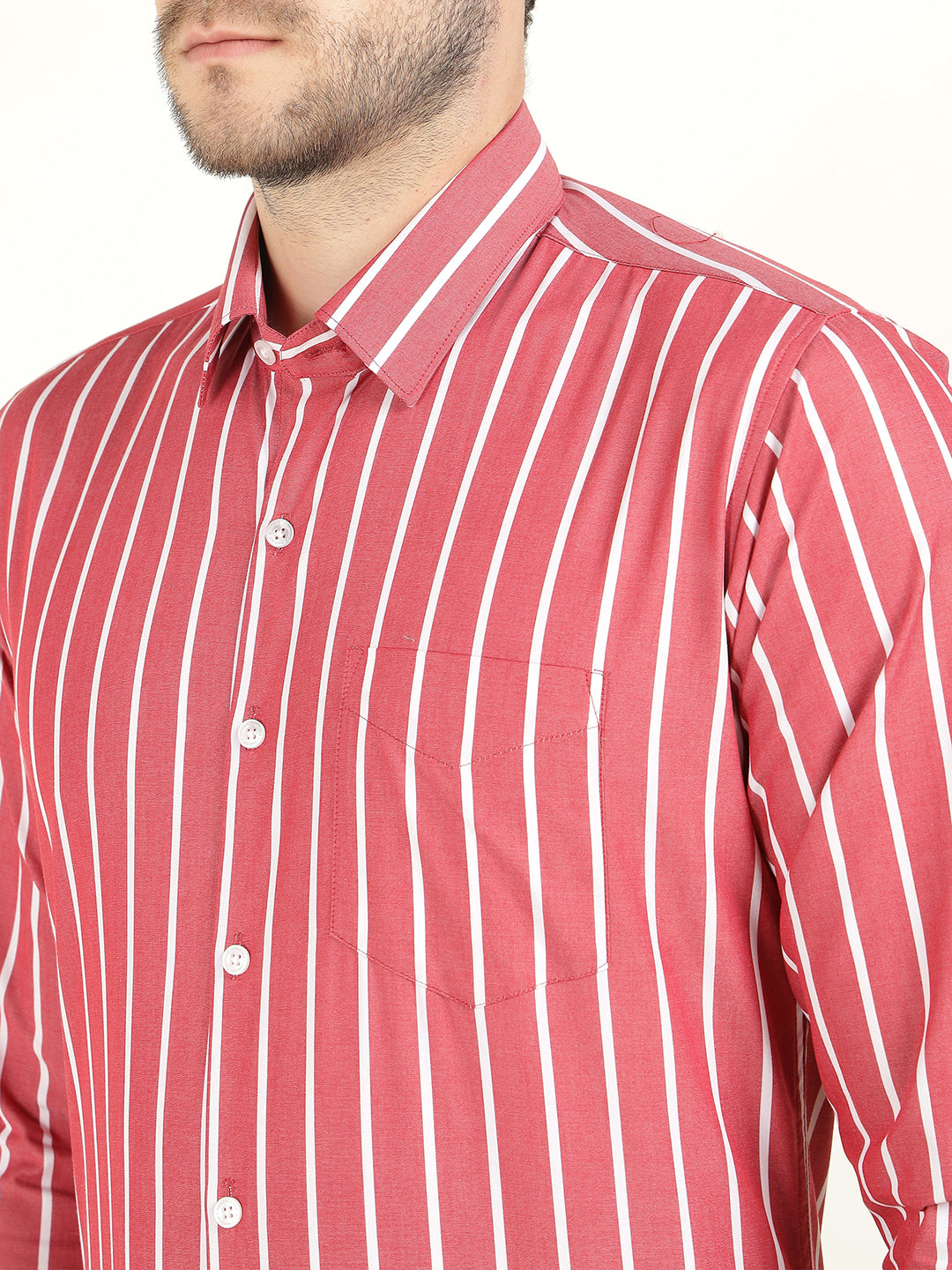 Hancock Men Red & White Striped Chambray Slim Fit Pure Cotton Formal Shirt