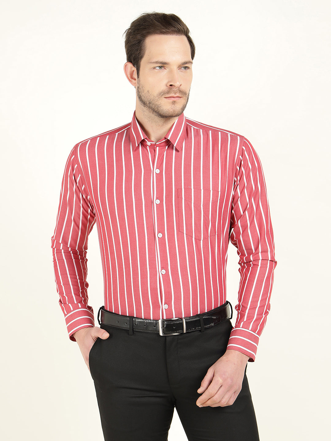 Hancock Men Red & White Striped Chambray Slim Fit Pure Cotton Formal Shirt