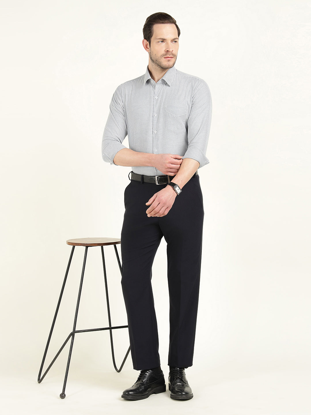 Hancock Men White Striped Slim Fit Pure Cotton Formal Shirt