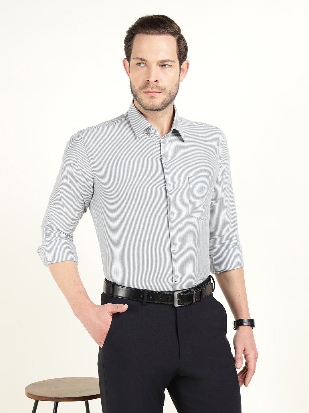 Hancock Men White Striped Slim Fit Pure Cotton Formal Shirt