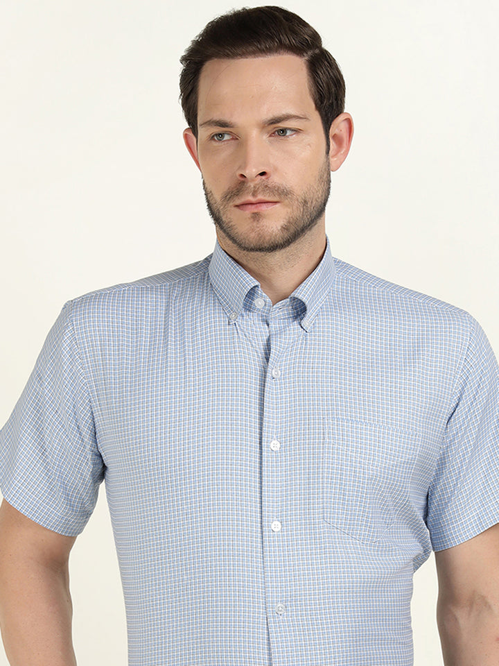 Hancock Men White & Blue Checked Slim Fit Tencel Formal Shirt