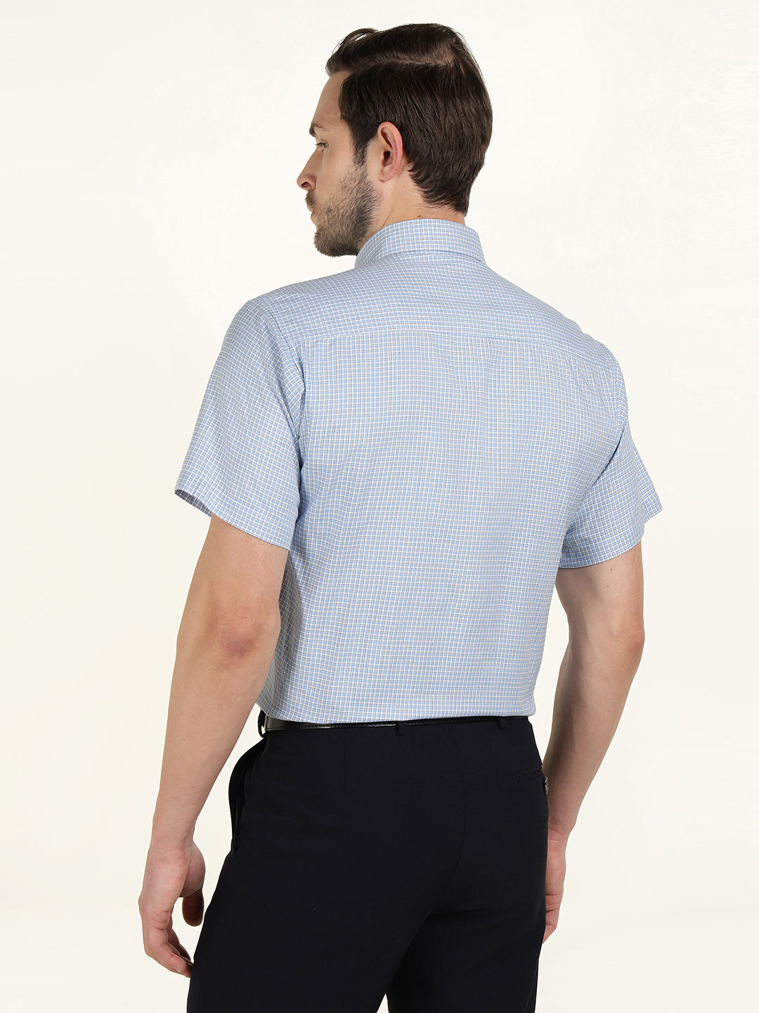 Hancock Men White & Blue Checked Slim Fit Tencel Formal Shirt