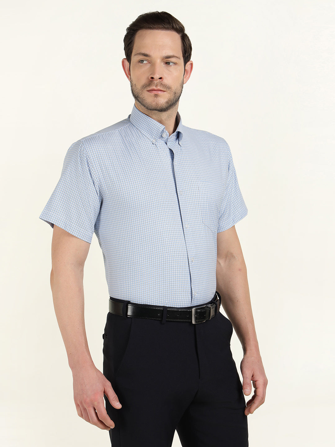 Hancock Men White & Blue Checked Slim Fit Tencel Formal Shirt