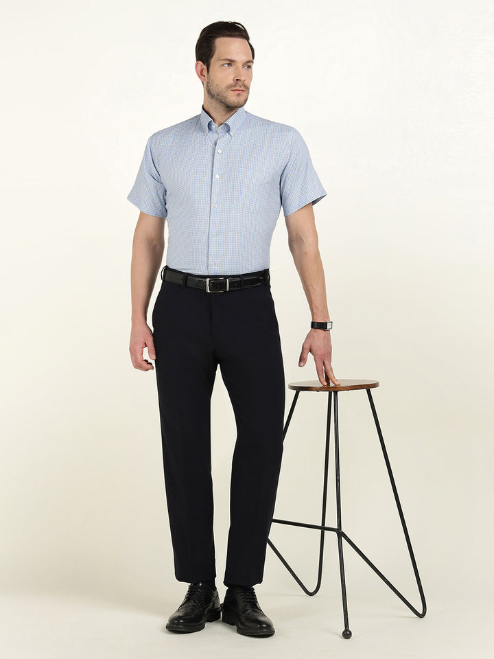 Hancock Men White & Blue Checked Slim Fit Tencel Formal Shirt