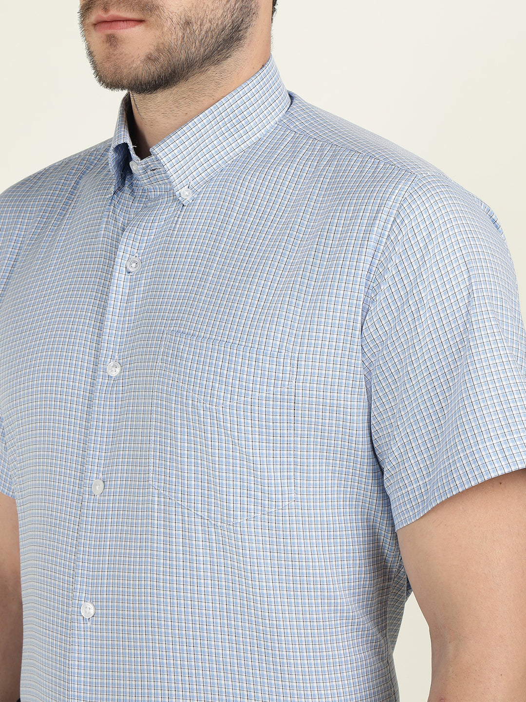 Hancock Men White & Blue Checked Slim Fit Tencel Formal Shirt