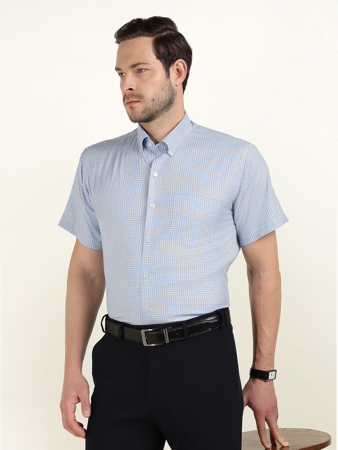 Hancock Men White & Blue Checked Slim Fit Tencel Formal Shirt