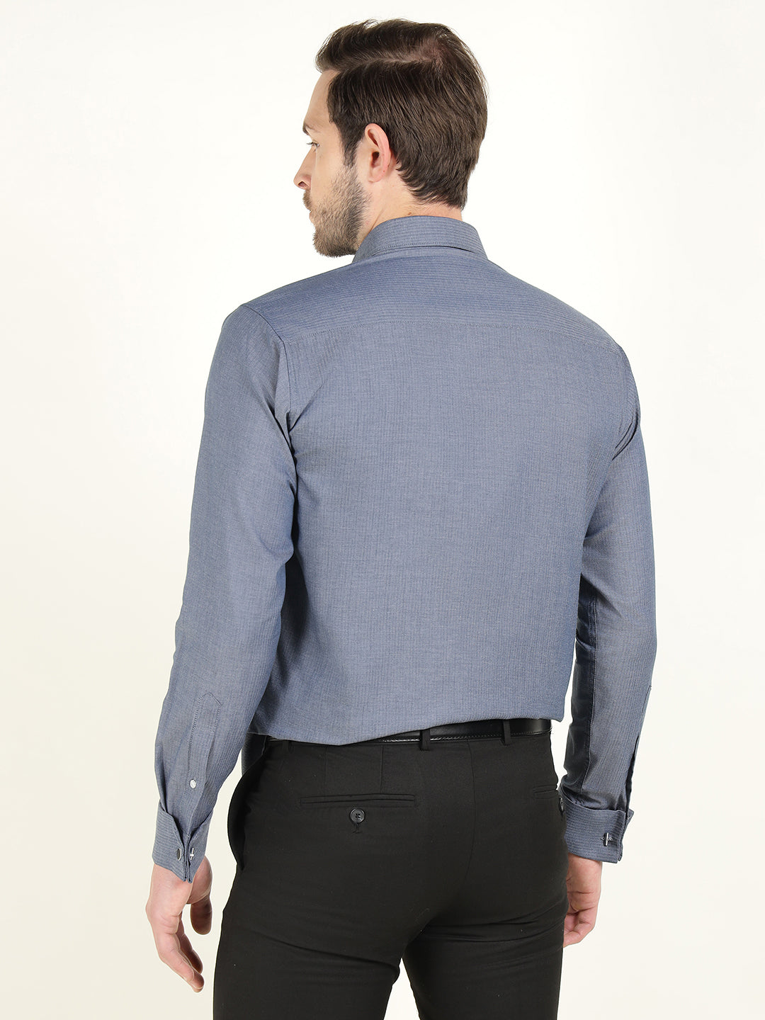 Hancock Men Bluish Grey Dobby Herringbone Weave French Cuff Slim Fit Pure Cotton Formal Shirt