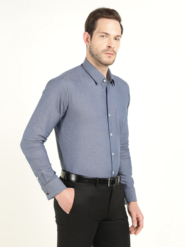 Hancock Men Bluish Grey Dobby Herringbone Weave French Cuff Slim Fit Pure Cotton Formal Shirt