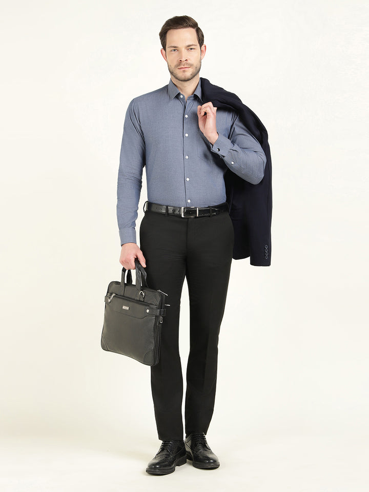 Hancock Men Bluish Grey Dobby Herringbone Weave French Cuff Slim Fit Pure Cotton Formal Shirt