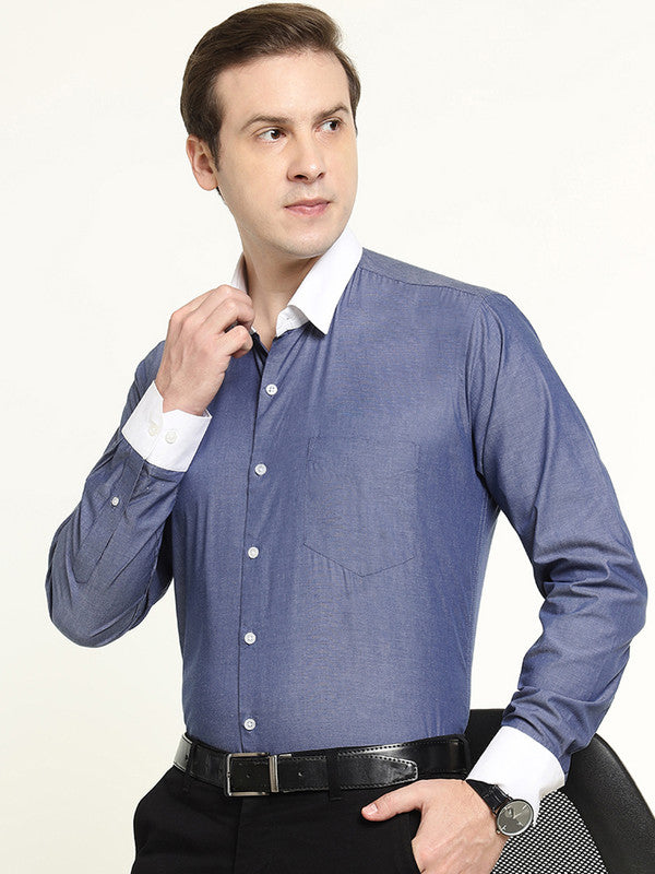 Hancock Men Royal Blue Solid Pure Cotton Slim Fit Formal Shirt