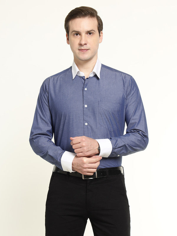 Hancock Men Royal Blue Solid Pure Cotton Slim Fit Formal Shirt