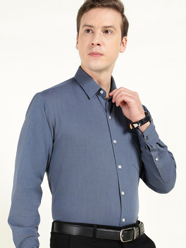 Men Navy Blue Self Design Slim Fit French Cuff Wrinkle Ressistant Pure Cotton Stretch Formal Shirt