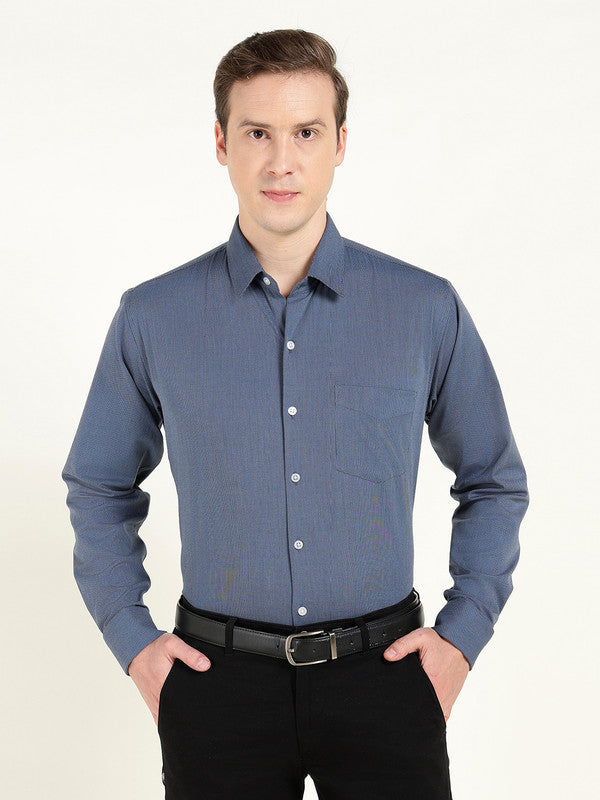 Men Navy Blue Self Design Slim Fit French Cuff Wrinkle Ressistant Pure Cotton Stretch Formal Shirt