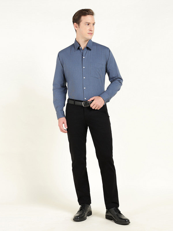 Men Navy Blue Self Design Slim Fit French Cuff Wrinkle Ressistant Pure Cotton Stretch Formal Shirt