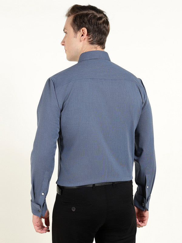 Men Navy Blue Self Design Slim Fit French Cuff Wrinkle Ressistant Pure Cotton Stretch Formal Shirt