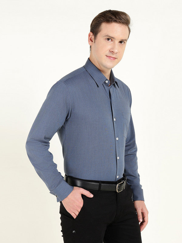 Men Navy Blue Self Design Slim Fit French Cuff Wrinkle Ressistant Pure Cotton Stretch Formal Shirt