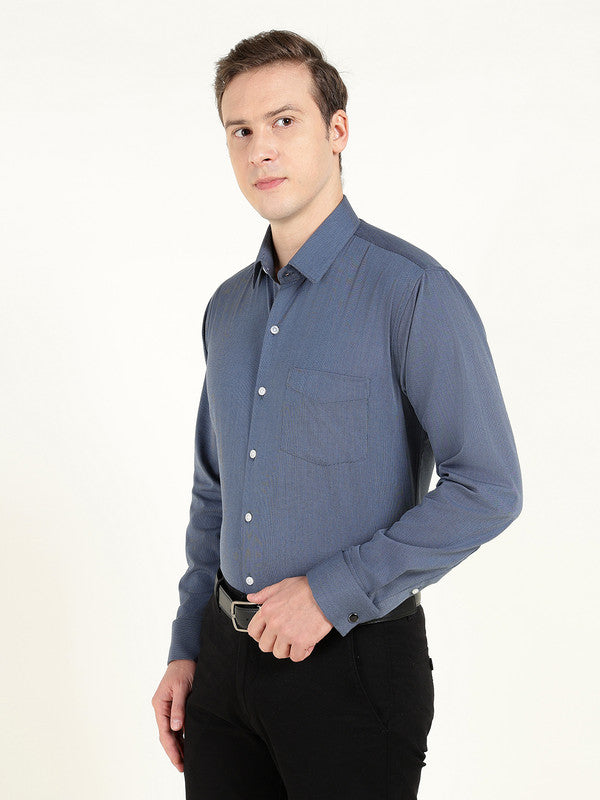 Men Navy Blue Self Design Slim Fit French Cuff Wrinkle Ressistant Pure Cotton Stretch Formal Shirt