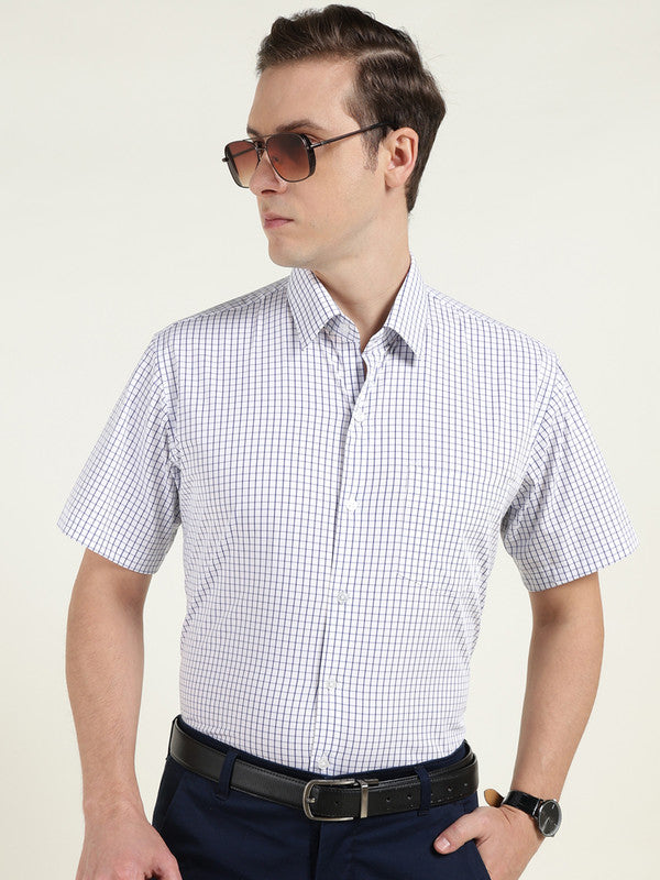 Men White & Blue Checked Slim Fit Wrinkle Ressistant Pure Cotton Stretch Formal Shirt