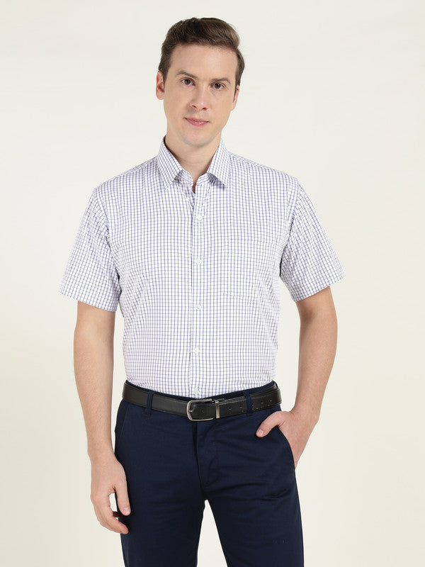 Men White & Blue Checked Slim Fit Wrinkle Ressistant Pure Cotton Stretch Formal Shirt