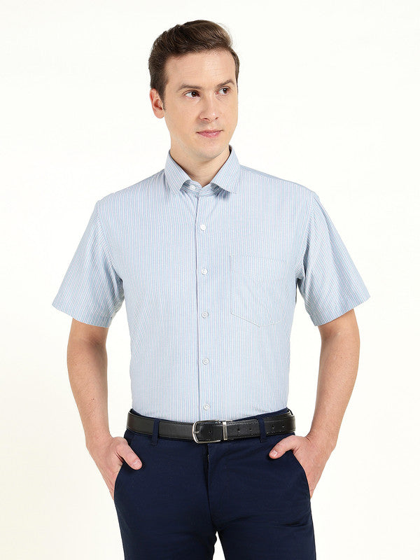 Men Blue Striped Wrinkle Ressistant Slim Fit Oxford Weave Pure Cotton Formal Shirt
