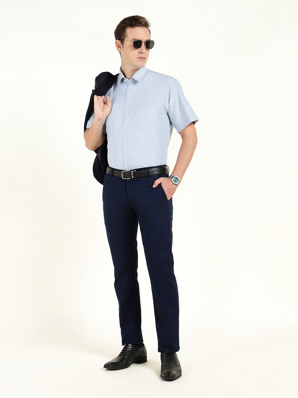 Men Blue Striped Wrinkle Ressistant Slim Fit Oxford Weave Pure Cotton Formal Shirt