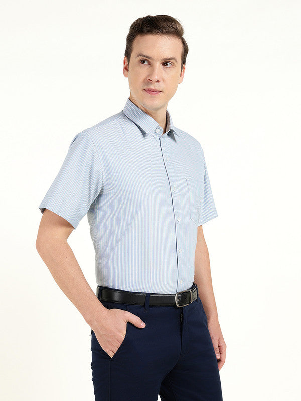 Men Blue Striped Wrinkle Ressistant Slim Fit Oxford Weave Pure Cotton Formal Shirt